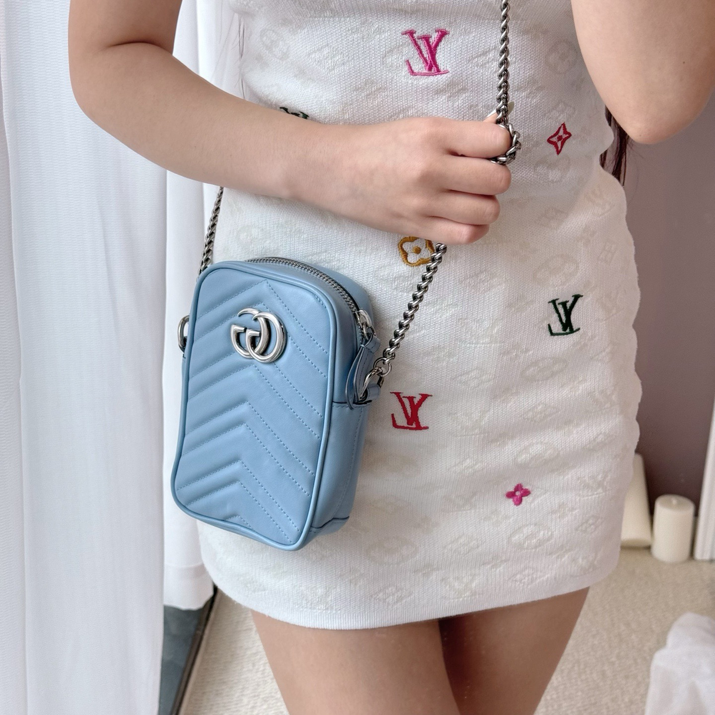 95新 GUCCI/古驰 gucci 蓝色银扣马蒙手机包斜挎包 