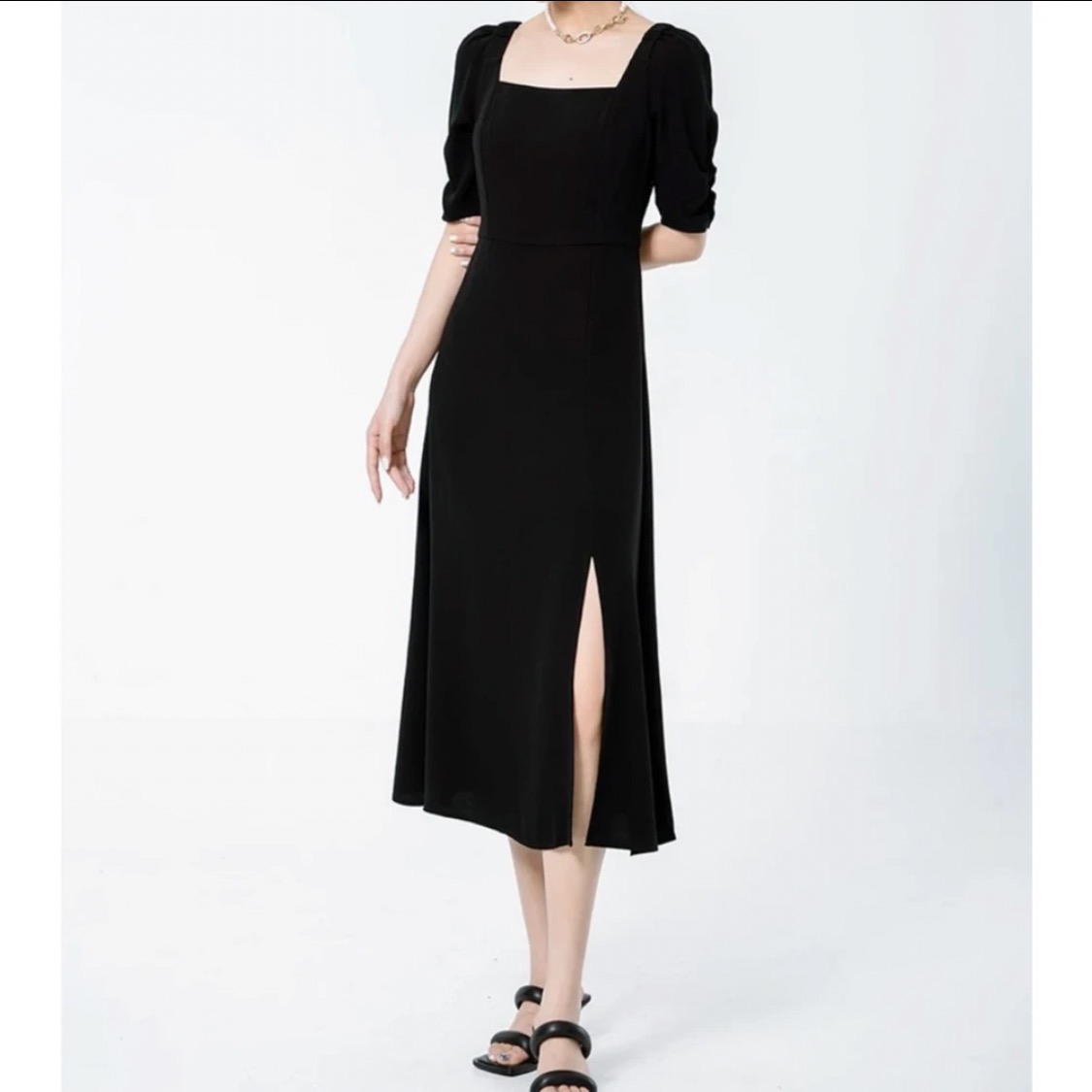 2025红姐严选减龄气质显瘦方领五分袖开叉连衣裙