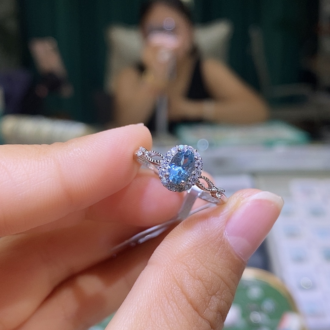 海蓝宝石戒圈银S925镶嵌天然海蓝宝