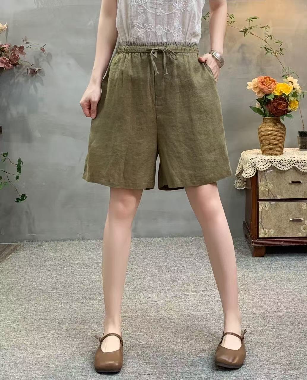 2532夏季松紧腰时尚舒适亚麻短裤