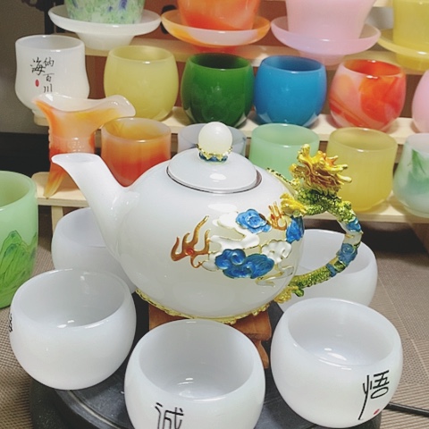 羊脂玉瓷中式龙腾盛世高档茶壶套装一壶六杯礼盒装