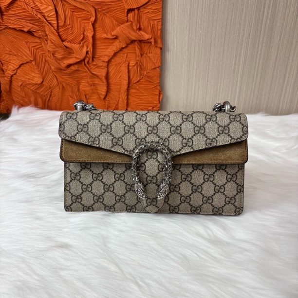 99新 GUCCI/古驰 新款钻扣酒神链条包/香菜奢品/XC00630/中号棕色