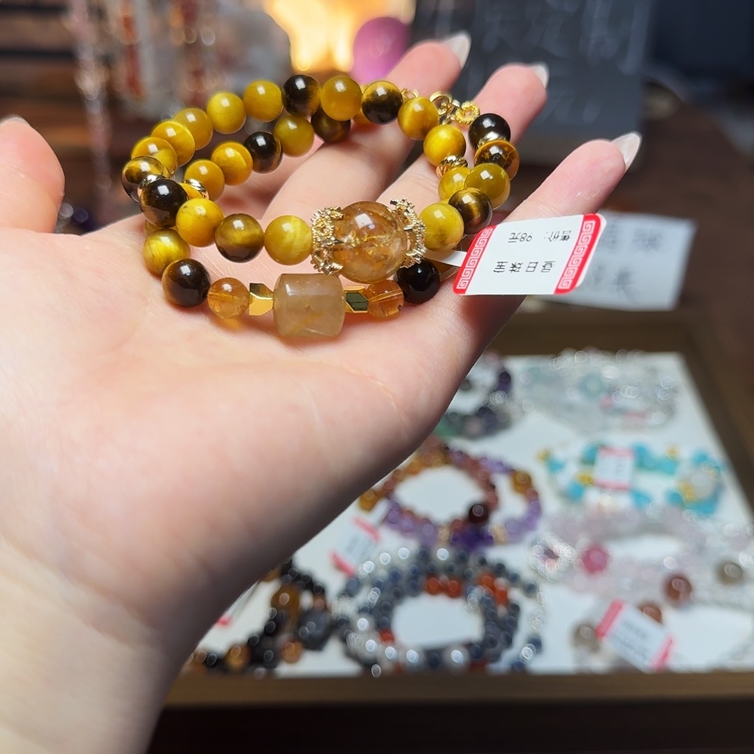 水晶手链合金天然玉石双圈金霸