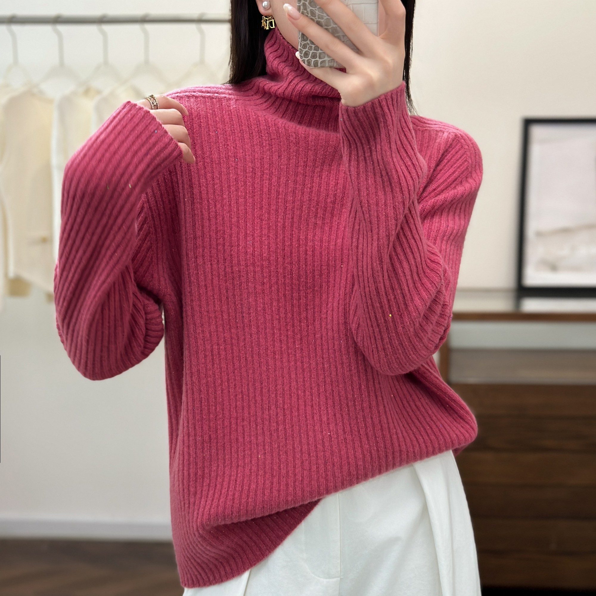 NX服饰气质优雅全堆堆领保暖针织衫秋冬坑条打底毛衫