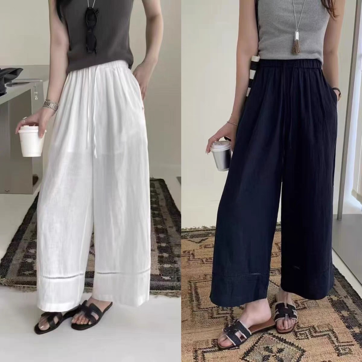 8596 法式慵懒风宽松镂空高腰设计款阔腿裤 F80