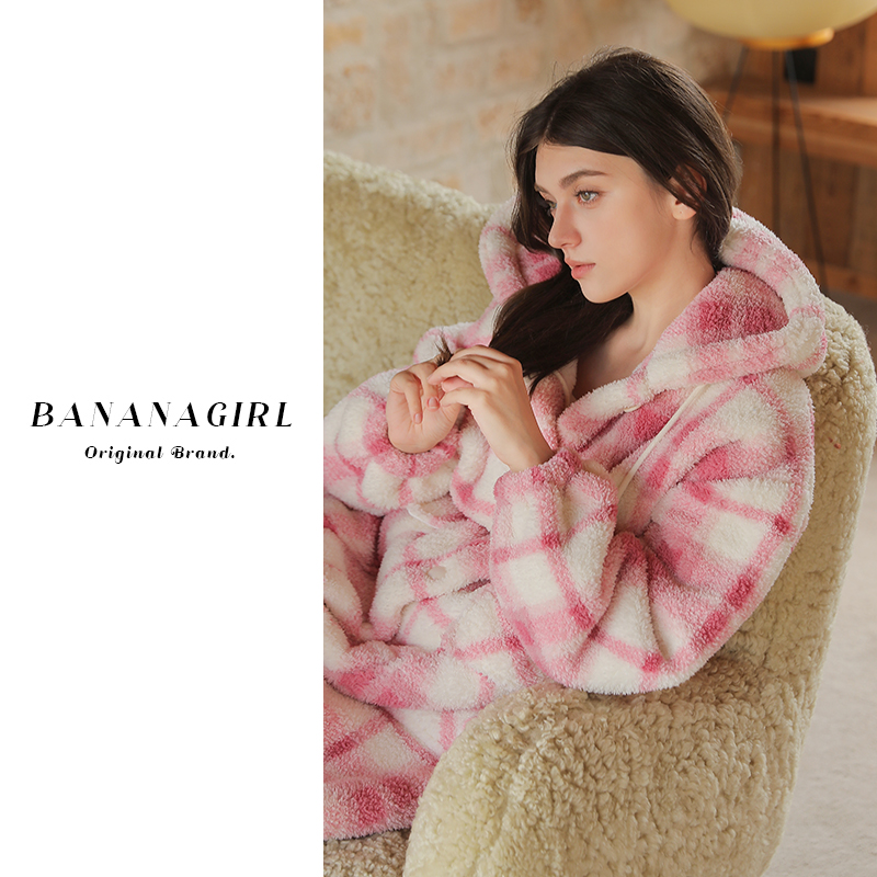 Bananagirl睡衣女秋冬女加绒大码连帽睡袍家居服可外穿