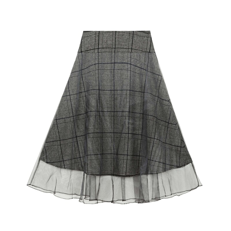sdeer圣迪奥女装时尚气质复古高腰格纹网纱毛呢A字伞裙S23481108