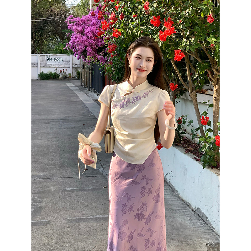 凌茜【沐春】新中式提花刺绣女春夏蝴蝶花卉鱼尾半身裙唐装裙子