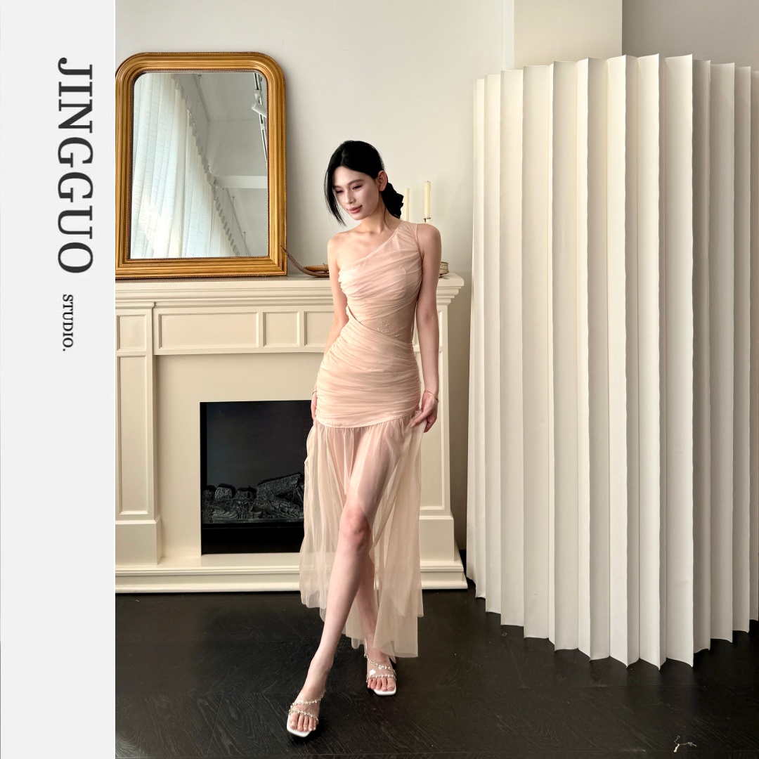 【JINGGUO轻奢】小众设计高级感时尚长裙露腰网纱褶皱连衣裙7484