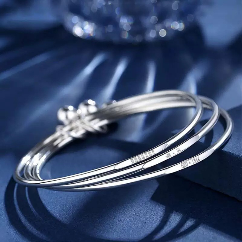 足银手镯 【535】三生三世足银手镯铃铛简约时尚实心手镯送女友