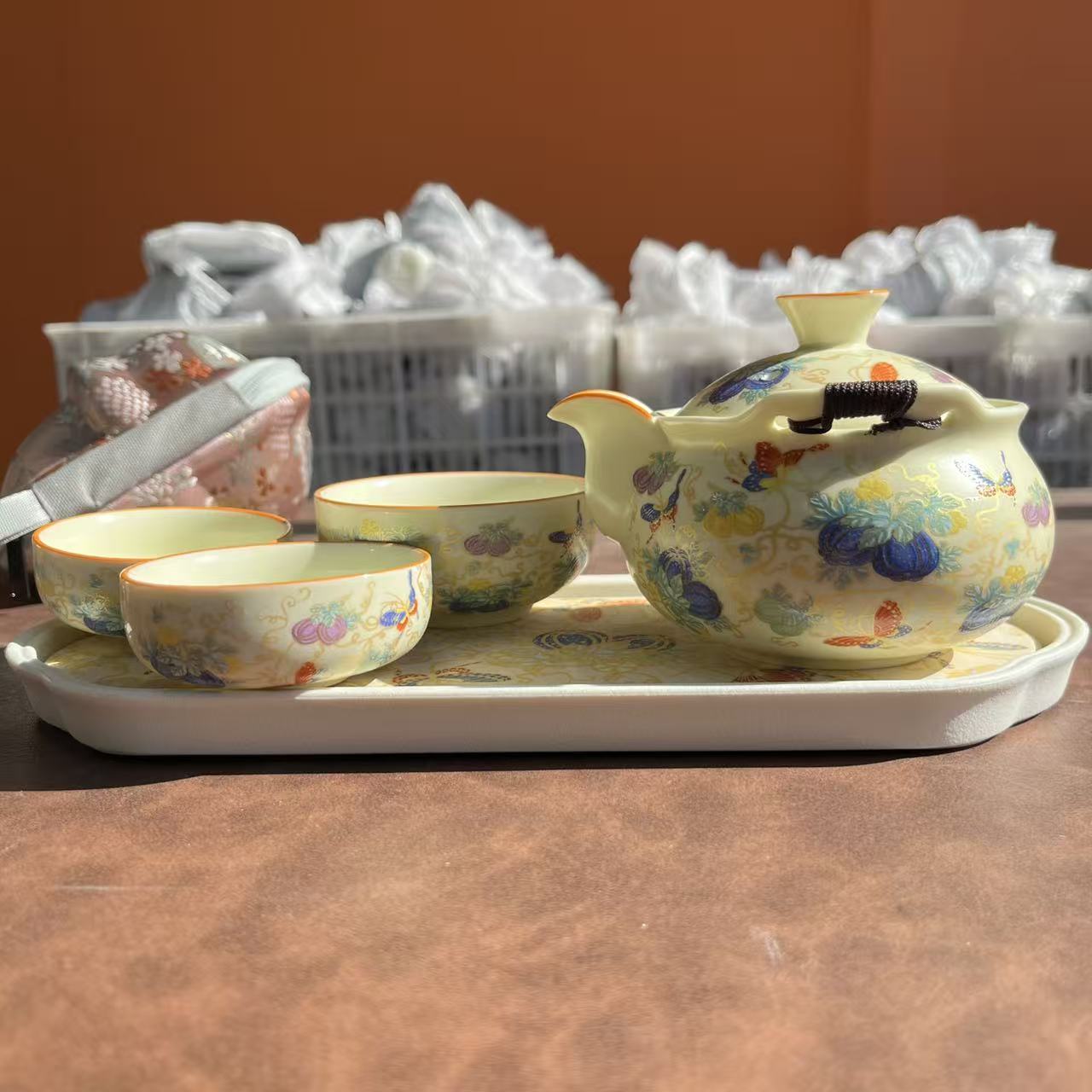 LL0031旅行茶具带盘一壶多杯适合多人使用手工复古中式手绘干泡