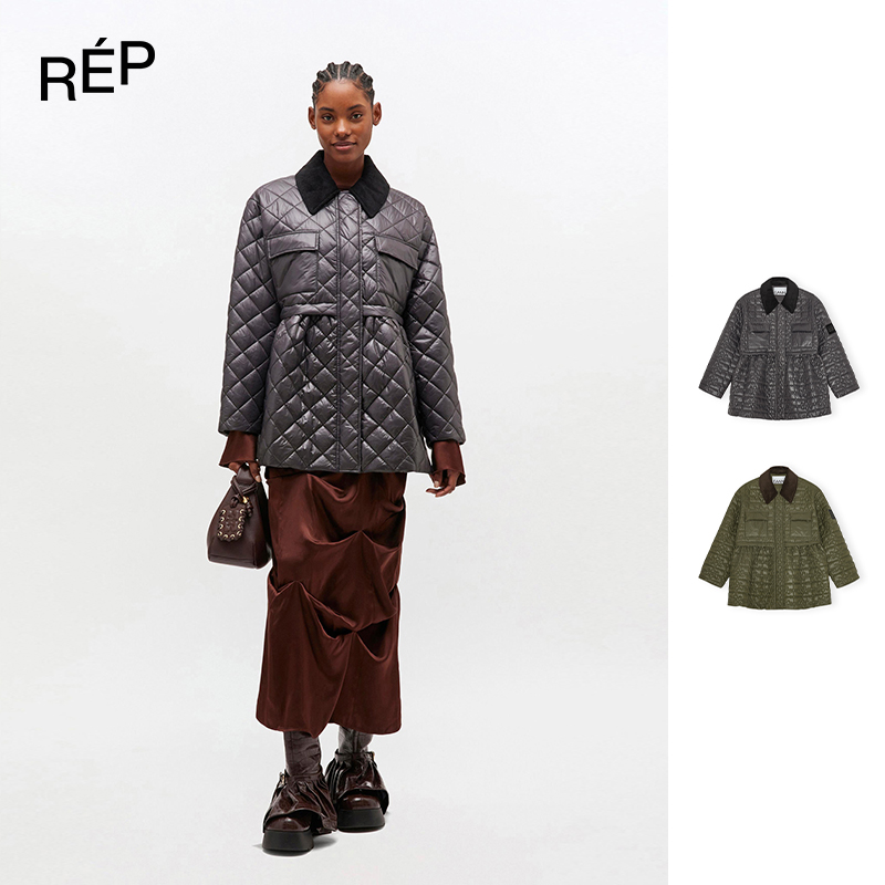 【7折现货】REP-GANNI 军绿/灰色亮面荷叶边绗缝夹克 25FW（特价NO退