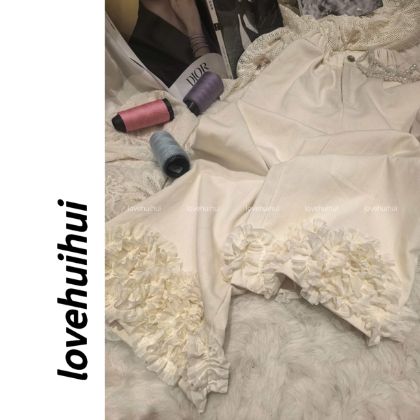lovehuihui《云朵白·冬》设计感花边直筒显瘦休闲裤子