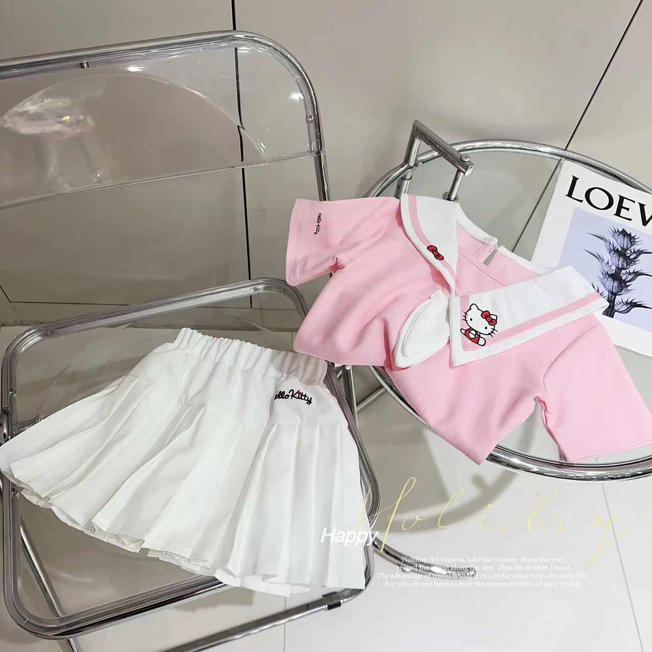 【夏日清甜】汤圆家童装2025夏季韩系学院风KT猫百褶裙套装 YA-1385