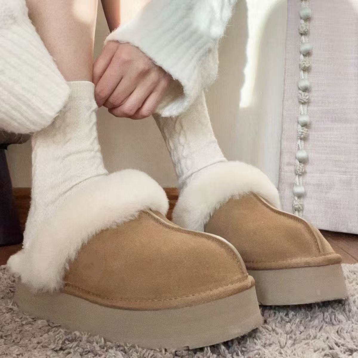 河南桑坡直发星星拖鞋雪地女皮毛一体加绒厚底半拖鞋羊毛保暖棉鞋