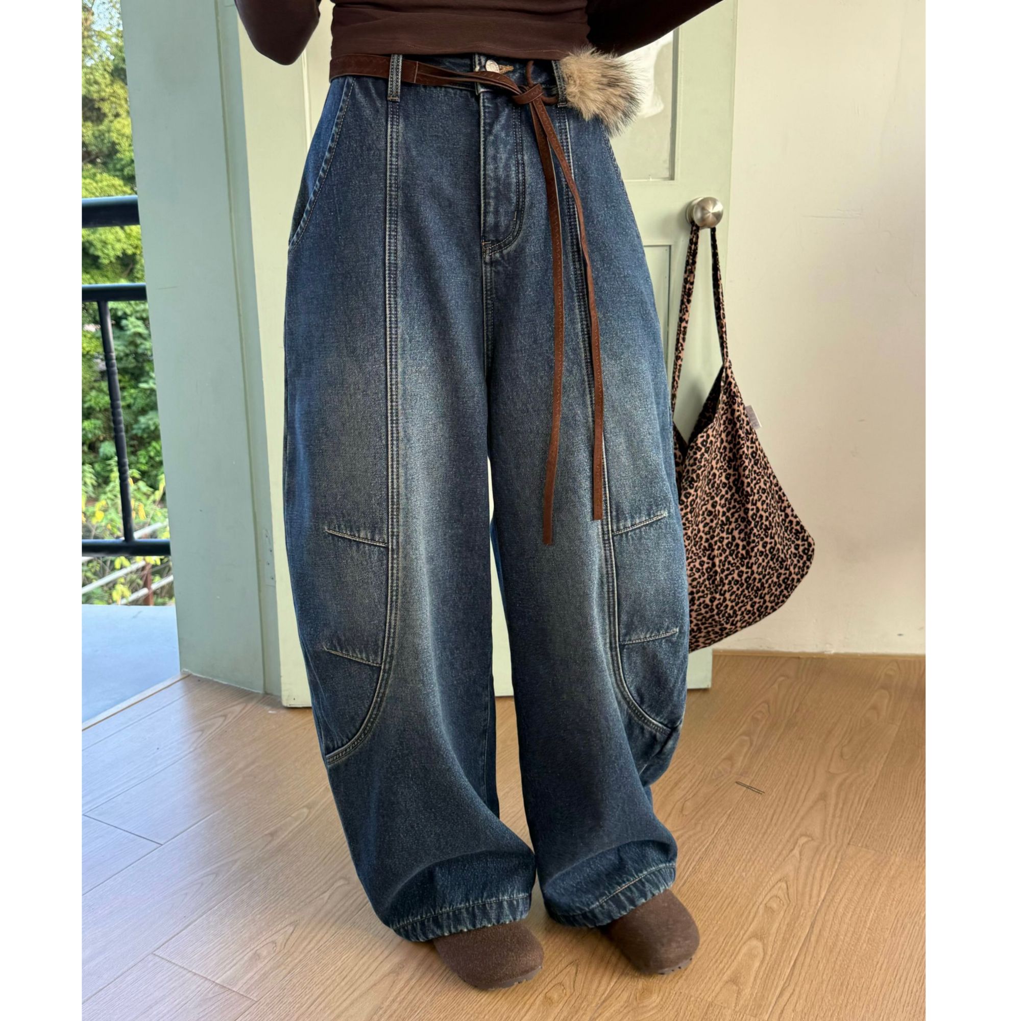 唐火火【绒风束腰】秋冬新款复古加绒百搭时髦弯刀牛仔阔腿裤