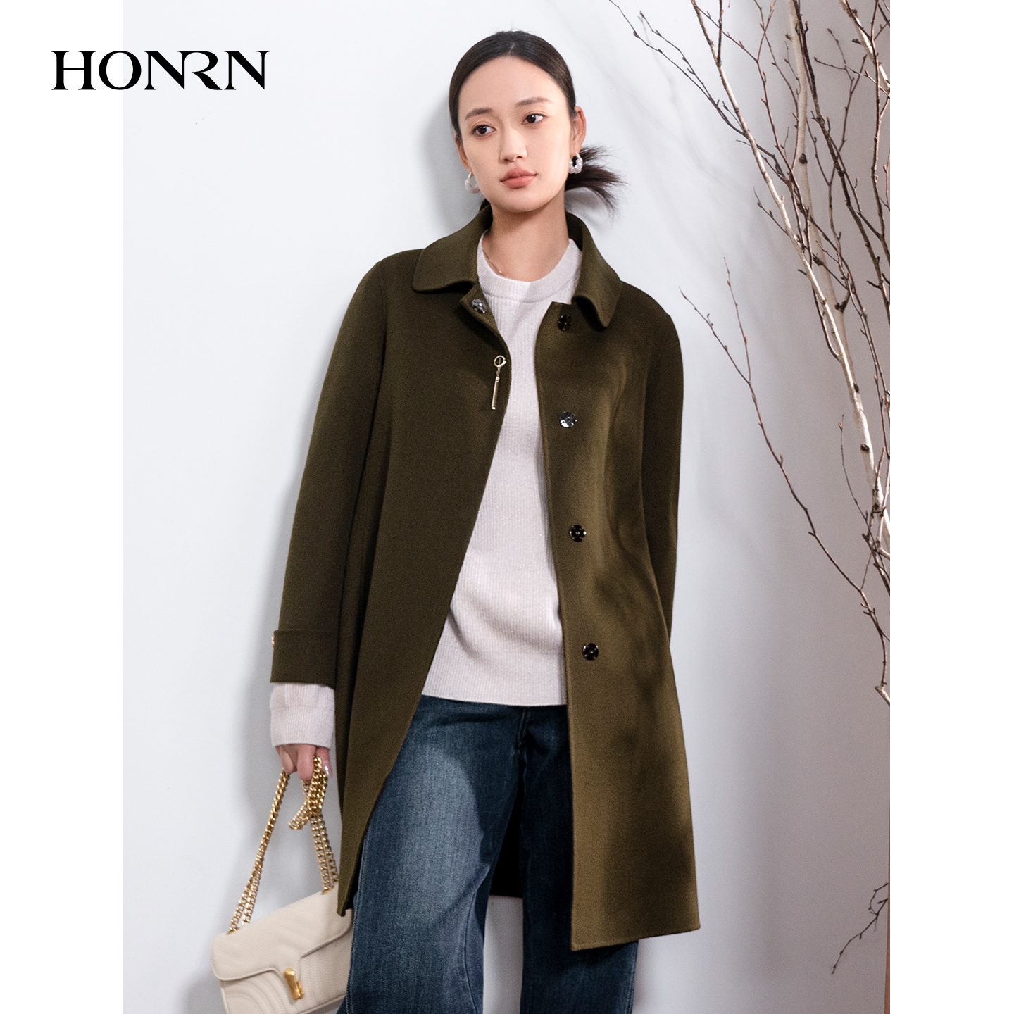HONRN/红人休闲翻领双面羊毛呢子大衣外套女秋冬中长款HI55OD898