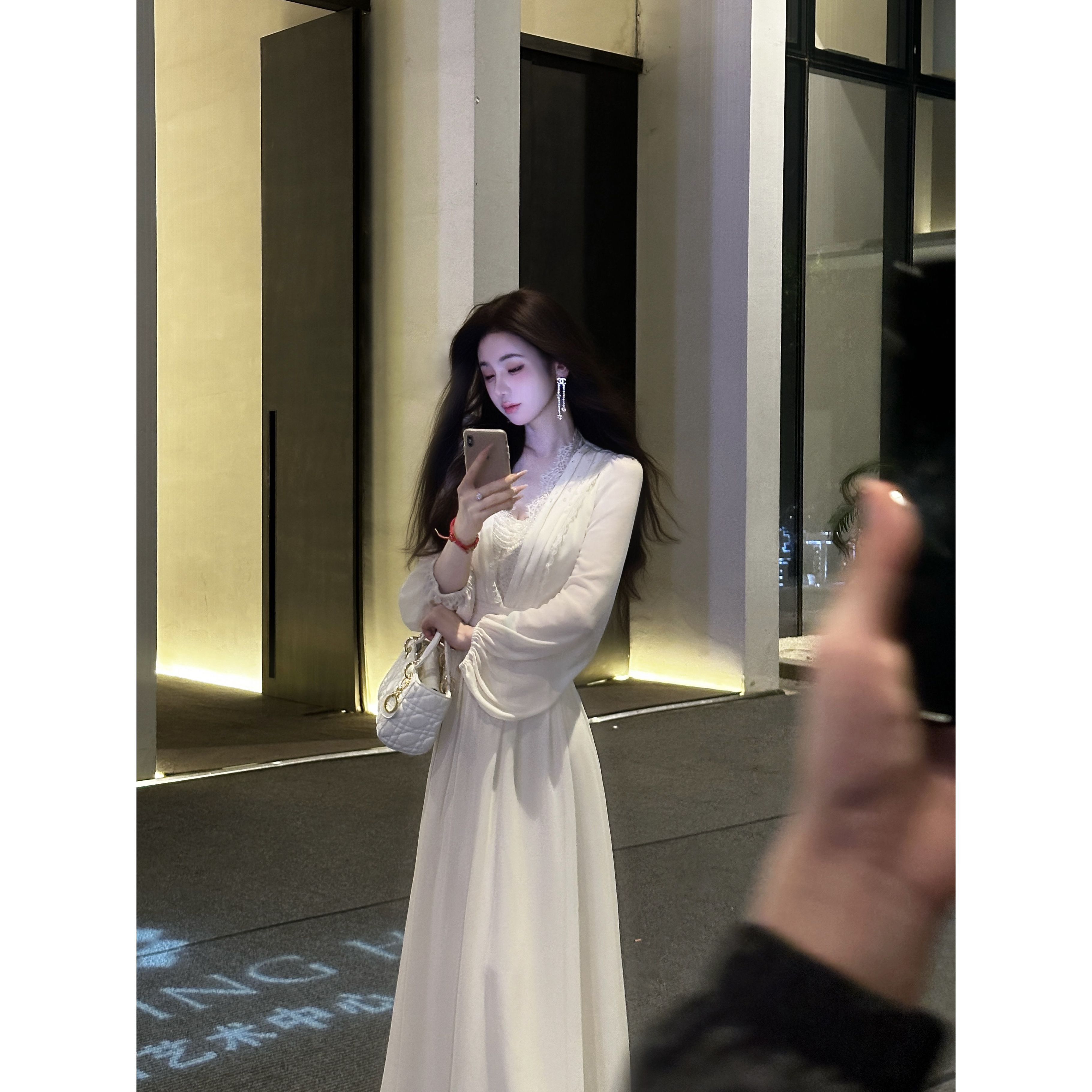【雅乔定制】清冷神女 白月光珍珠雪纺长袖连衣裙长裙DYCC-25088359