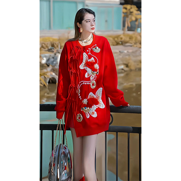 JIE LI/街力原创小众设计感休闲潮流宽松红色卫衣女T10059