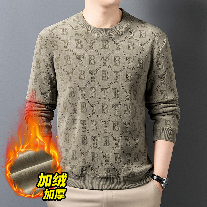 25冬季一体奥粒绒休闲加绒加厚卫衣男士宽松圆领长袖保暖上衣打底