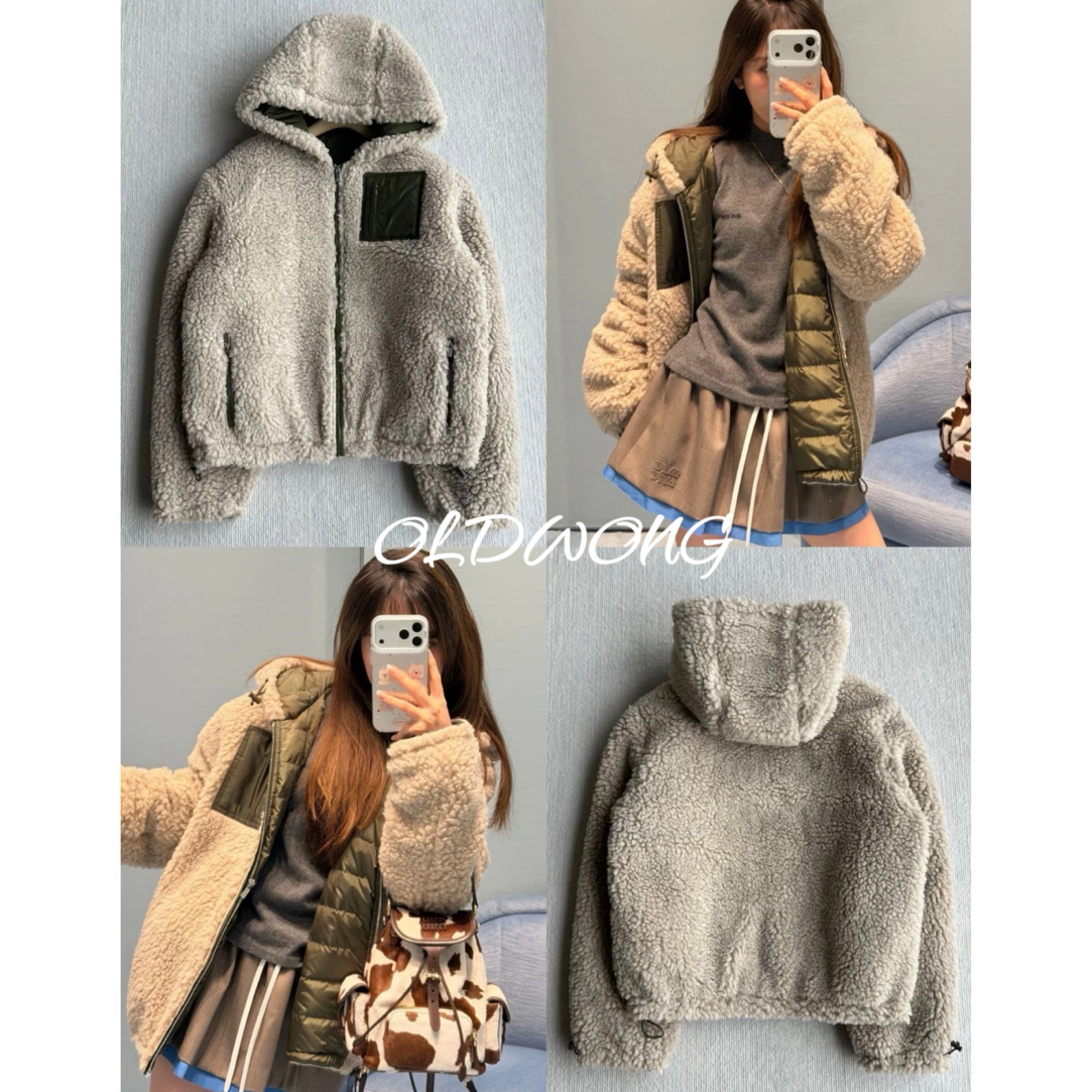 OLDWONG“羊羔毛毛”拼色奶奶羊羔毛毛白鹅连帽保暖外套