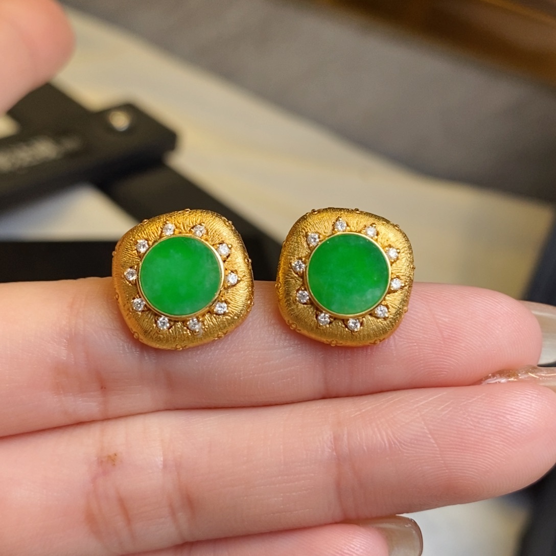 翡翠耳饰18K金镶嵌圆牌