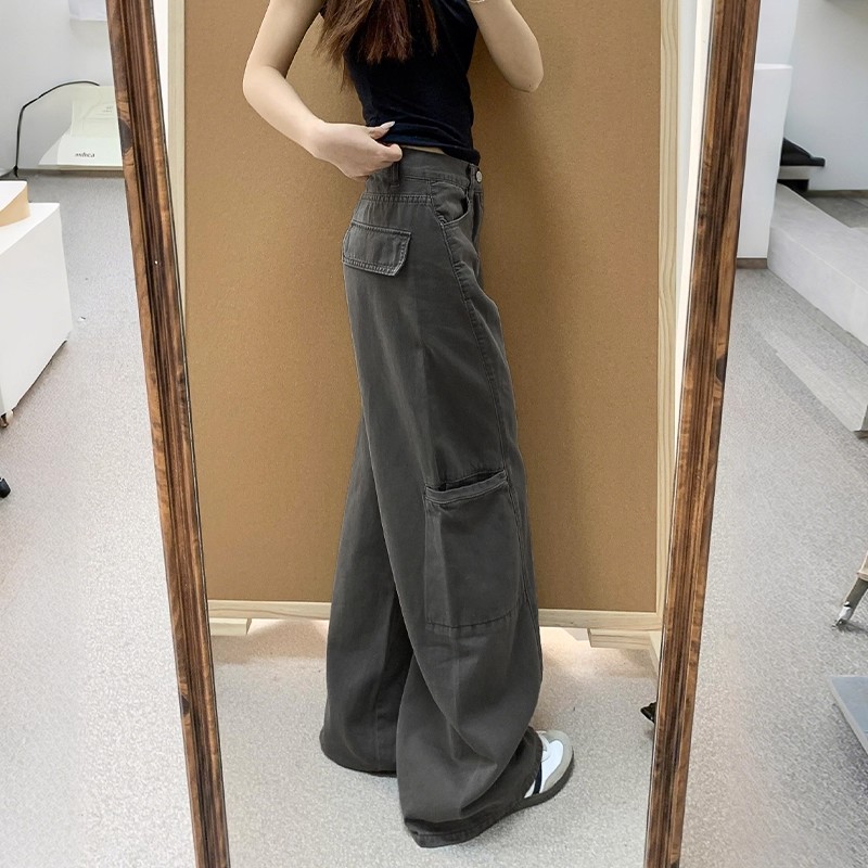 【免费试穿】灰色阔腿牛仔工装裤女宽松高腰显瘦梨形身材直筒裤子