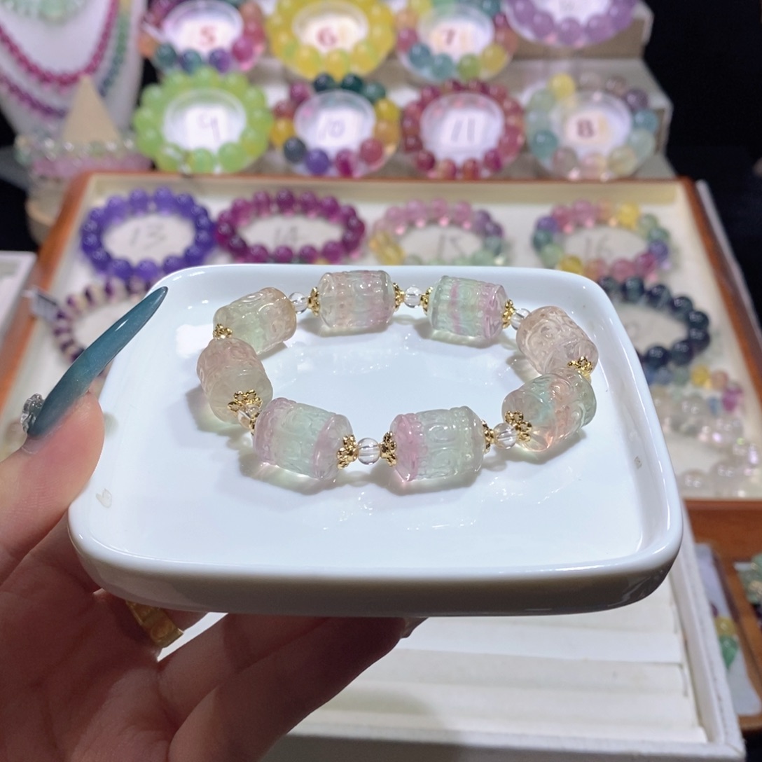 未镶嵌萤石手链樱花粉西瓜滚筒