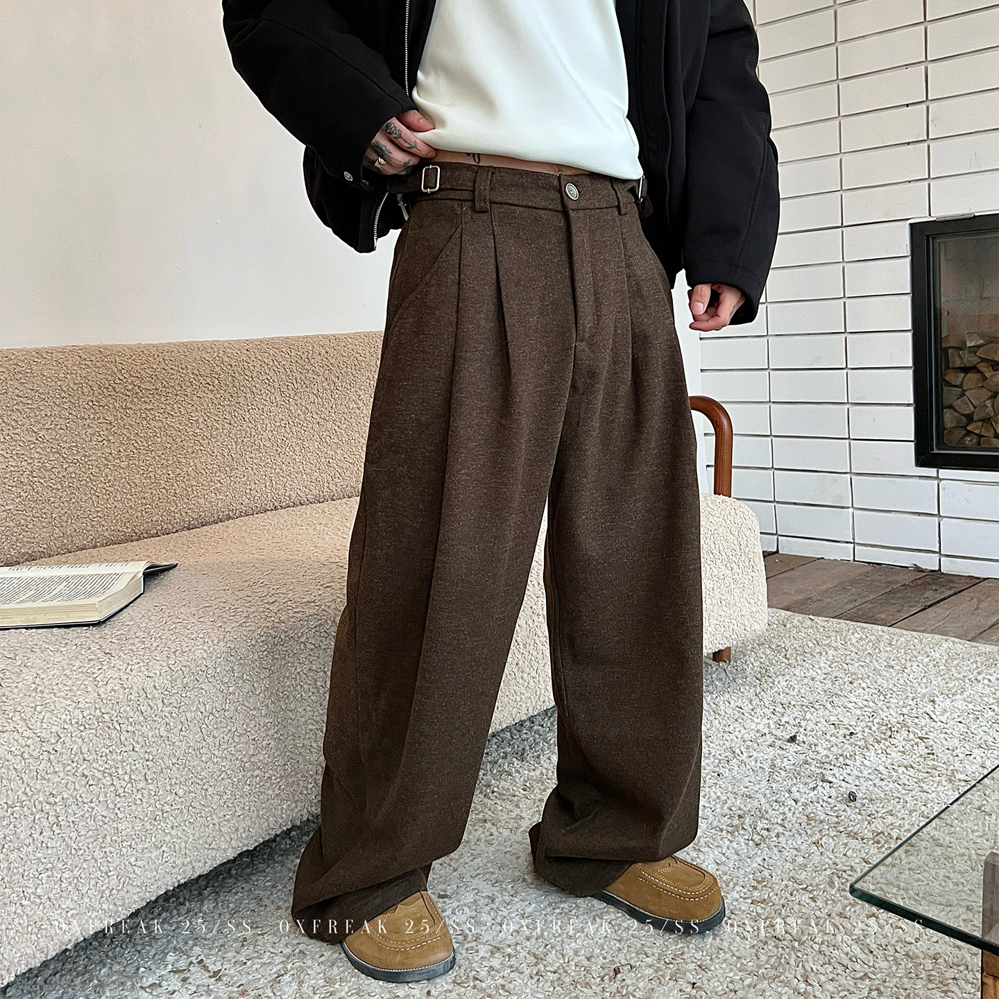 OXFREAK「立体风琴褶」老钱风咖色呢料休闲裤男宽松直筒廓形A字裤