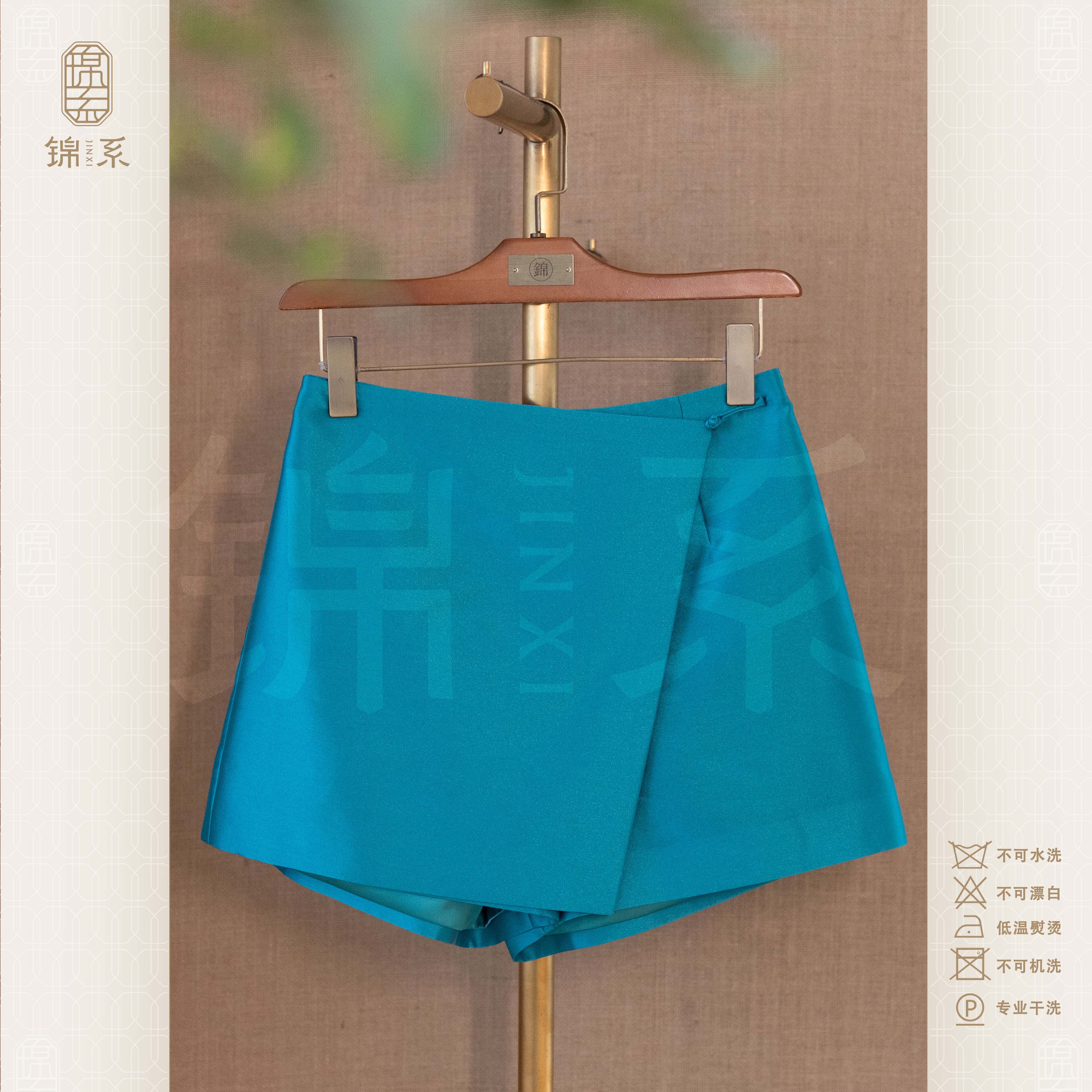 【锦系~新款】丝涤新中式国风桑蚕丝后松紧腰短裤-K-382584