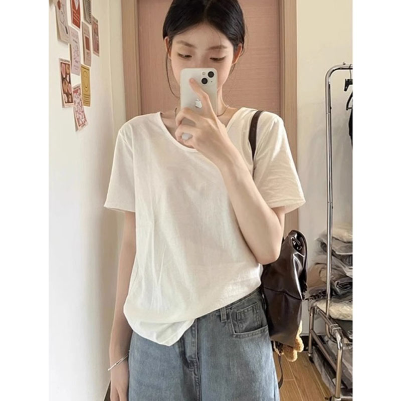 美式设计感U领正肩短袖T恤女夏季韩系穿搭慵懒风宽松显瘦半袖上衣