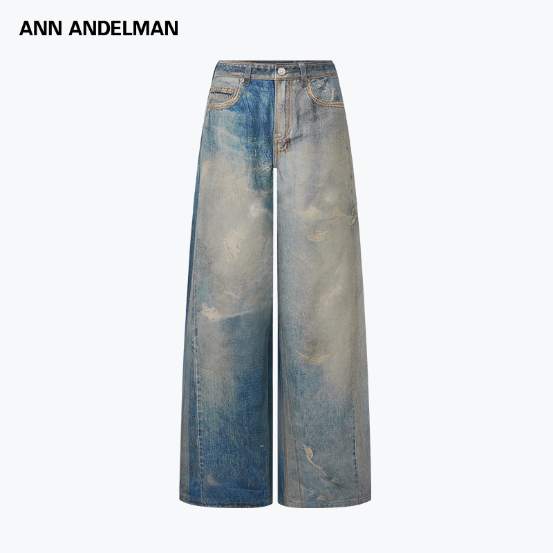 ANN ANDELMAN 复古设计感做旧宽松休闲长裤印花直筒牛仔裤