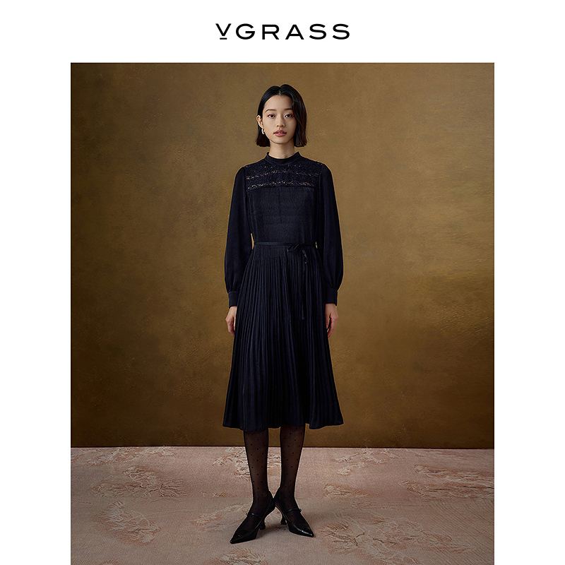 【晨粉专享价】VGRASS冬季新款长袖气质立体压褶连衣裙女DSL2P4247Z