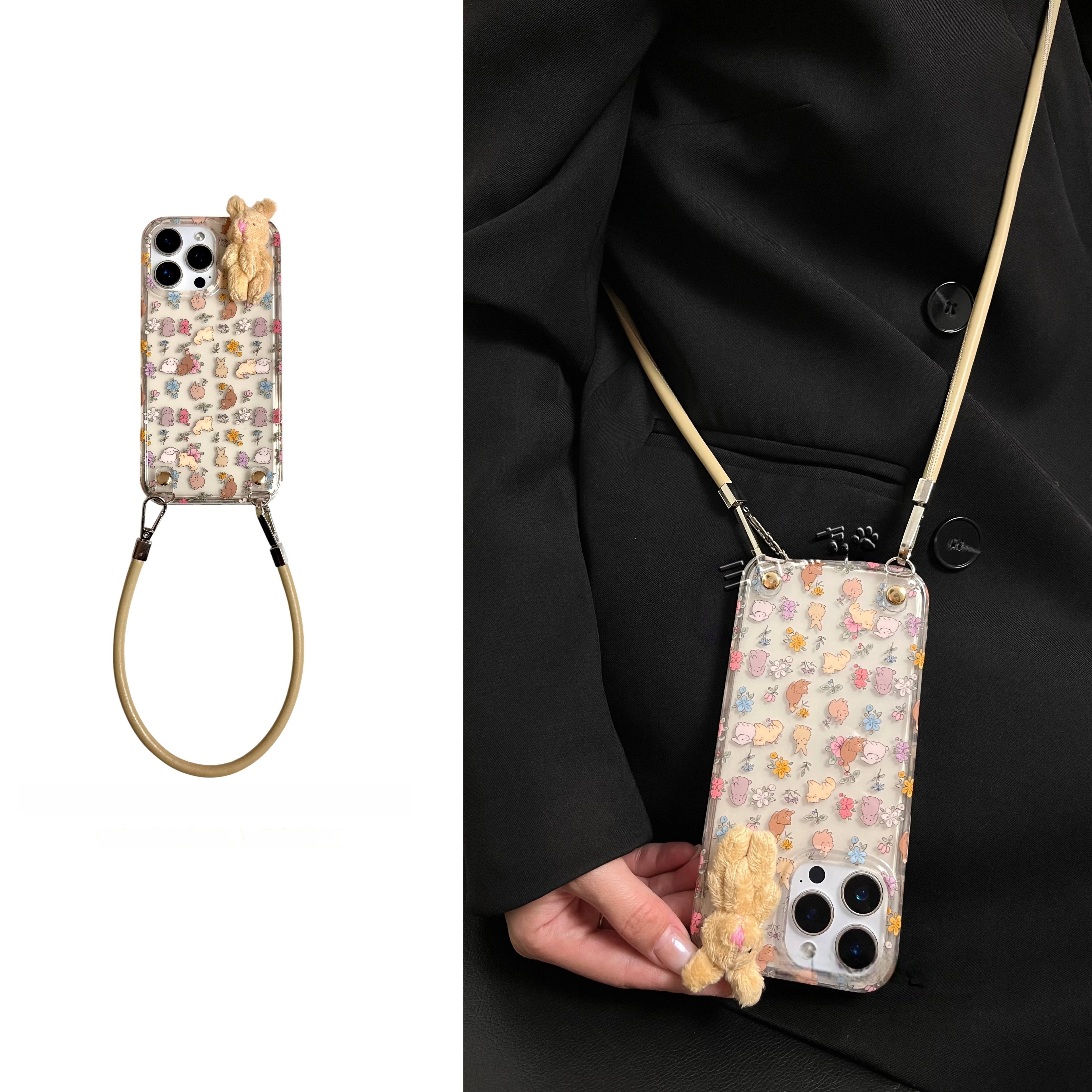 碎花兔子立体小公仔适用苹果16promax手机壳iPhone15斜挎14新款13