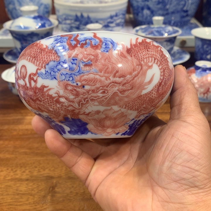 自成堂柴窑青花双龙水洗