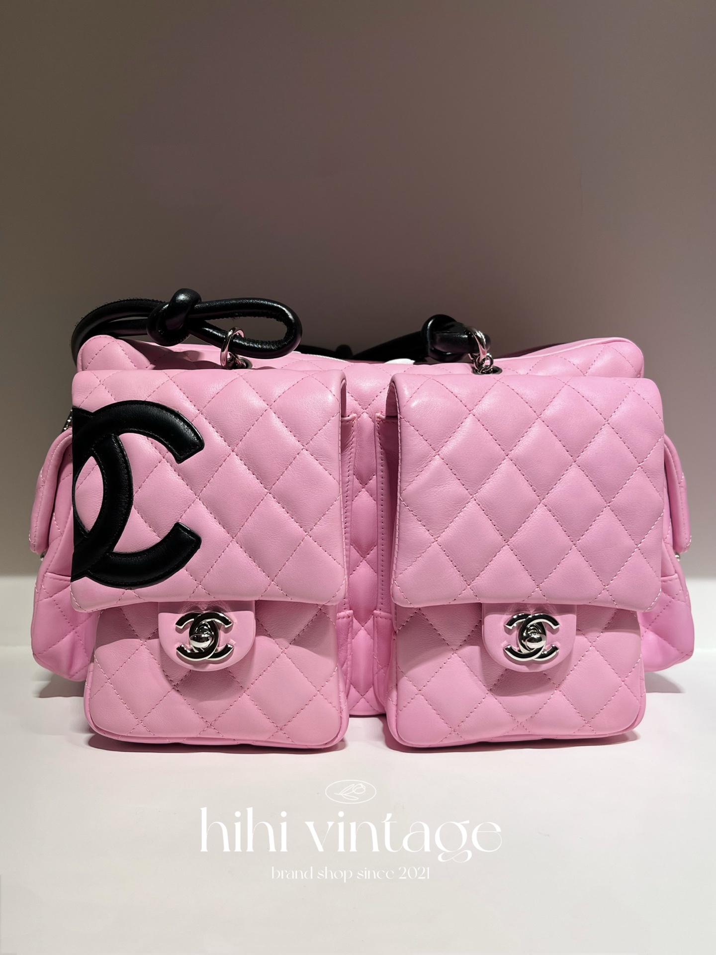 95新 Chanel/香奈儿 Chanel 粉色康鹏机车包 9开 底长30cm KH 