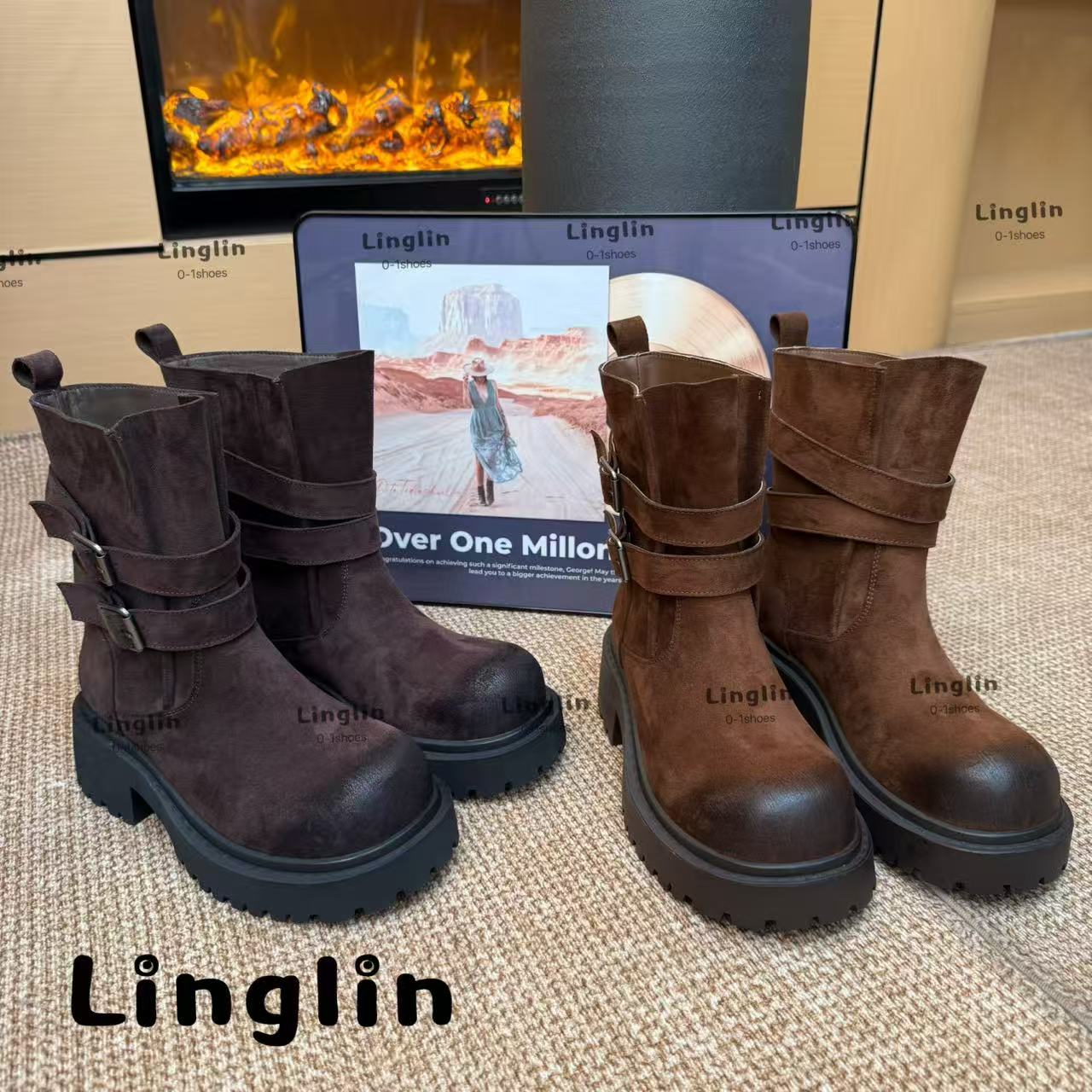玲lin【绒语】25秋冬新款复古磨砂皮缠绕美学金属扣短靴