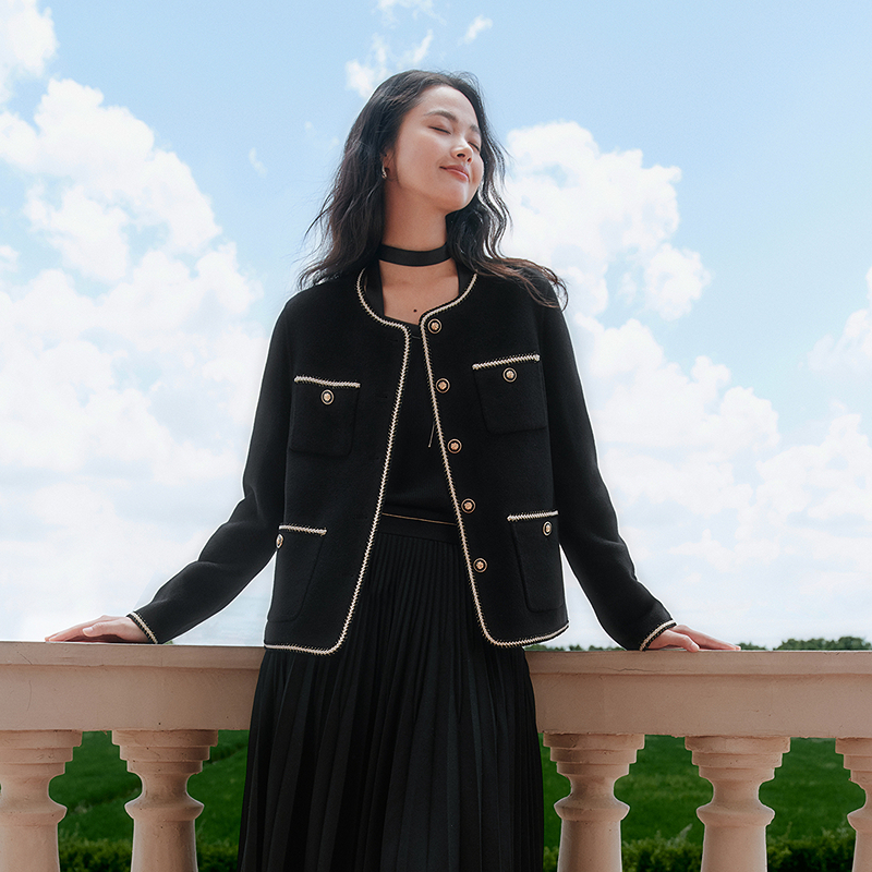 【羊毛羊绒】珂莱蒂尔商场同款冬季精致香风毛呢外套女KK00788W0