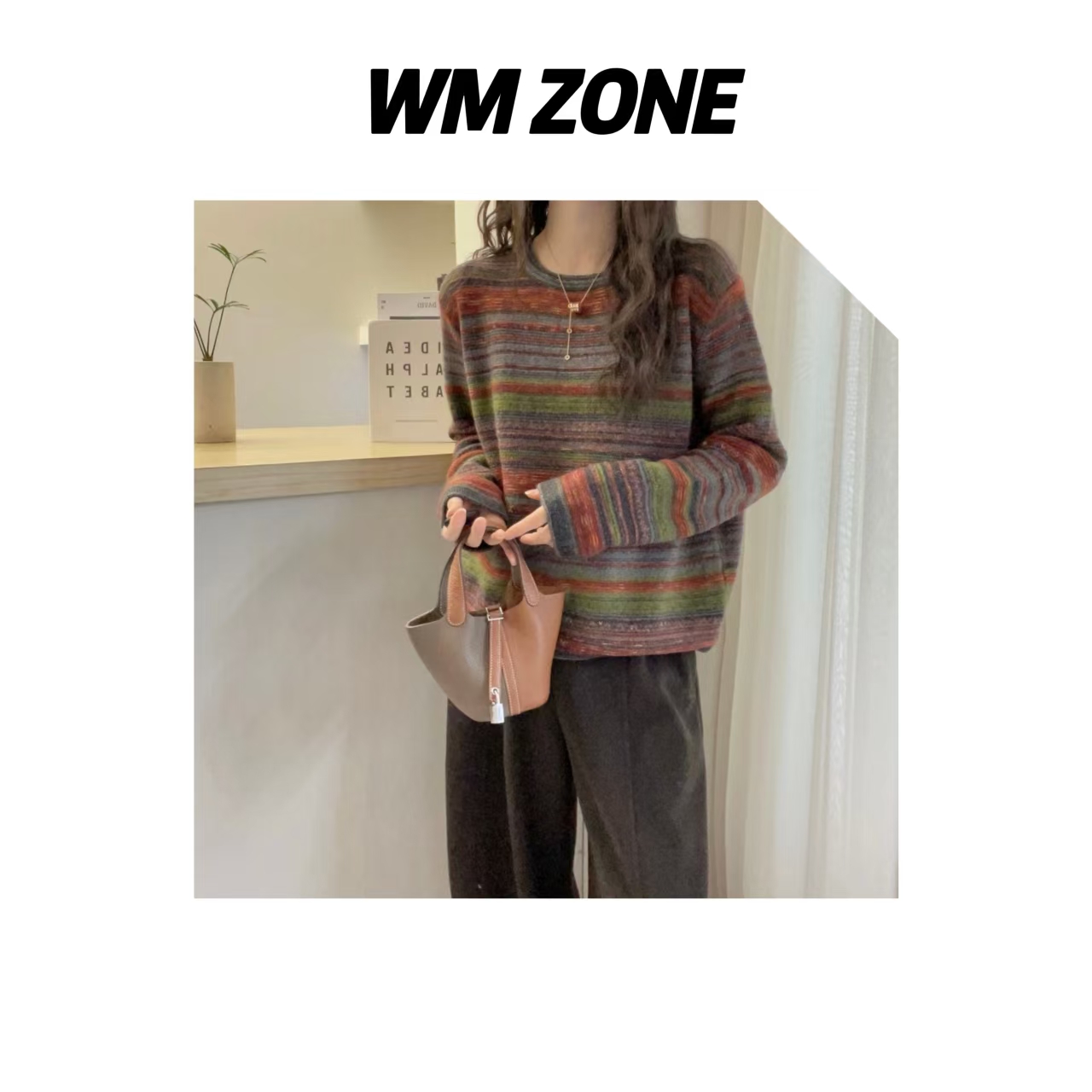 WM   4181  慵懒彩线花纱针织毛衣