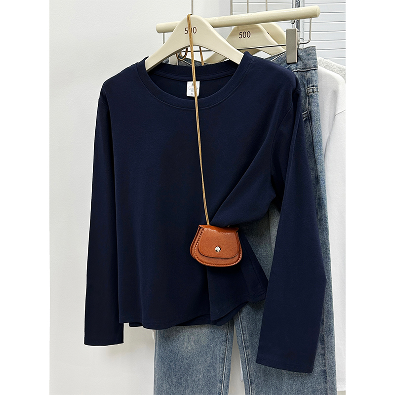 藏蓝色正肩显瘦长袖t恤女早秋季2025新款打底衫百搭纯色t恤女款