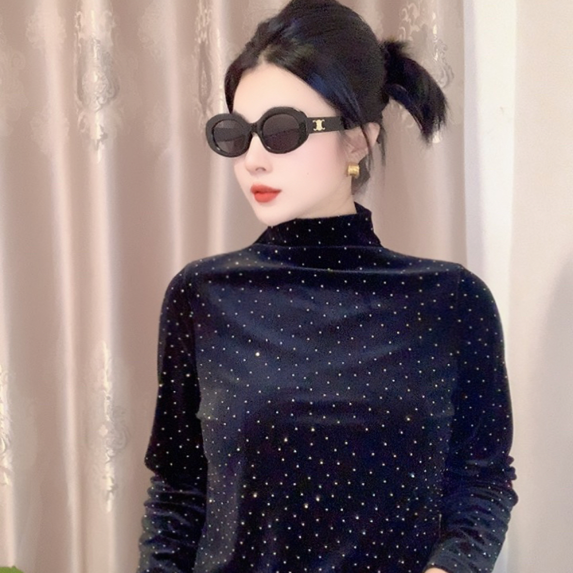 25年新款气质丝绒半高领长袖纯色满天星显瘦百搭内搭T恤上衣