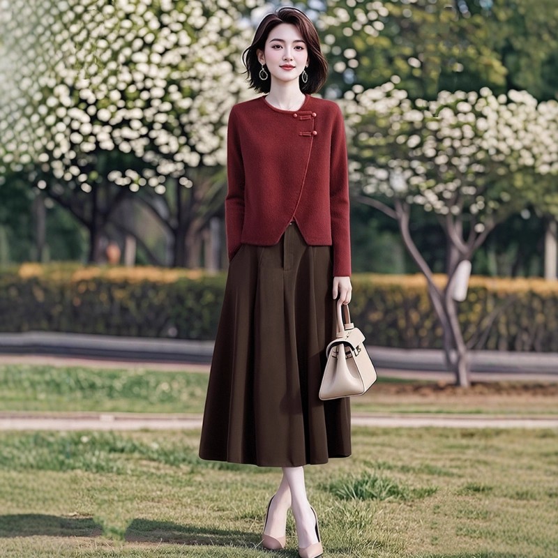 2025秋冬新款中老年洋气不规则新中式盘扣气质半身裙两件