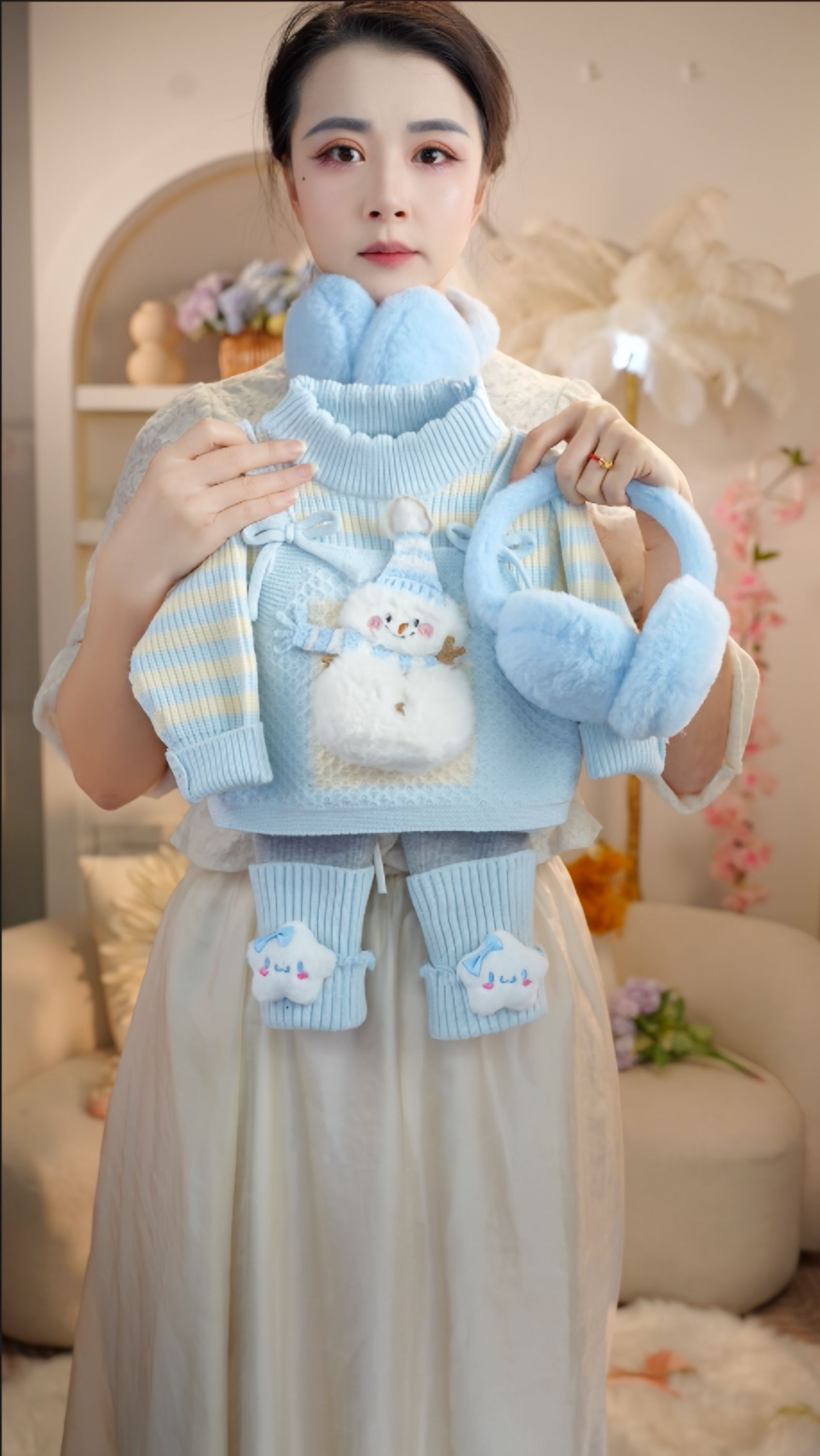 2025年冬季新款可爱天蓝色假两件条纹甜美小雪人毛衣011