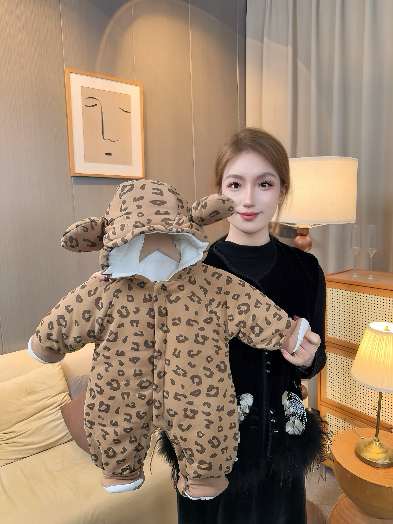 豹纹连帽婴幼儿连身衣宝宝连体衣哈衣爬爬服冬季保暖棉衣棉服