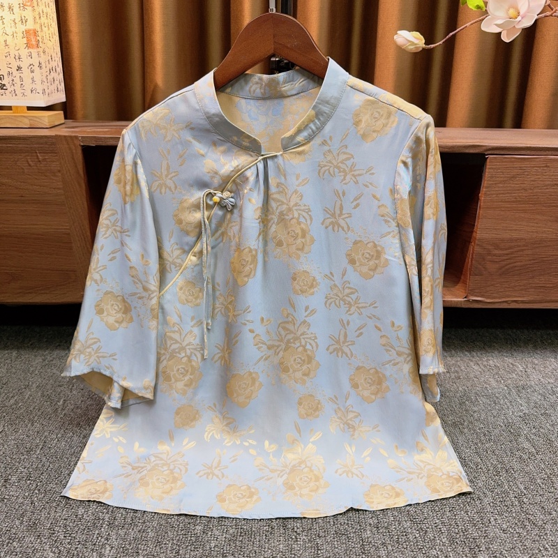『夜叶』2025年新中式国风新款牡丹花短袖百搭经典立领小衫
