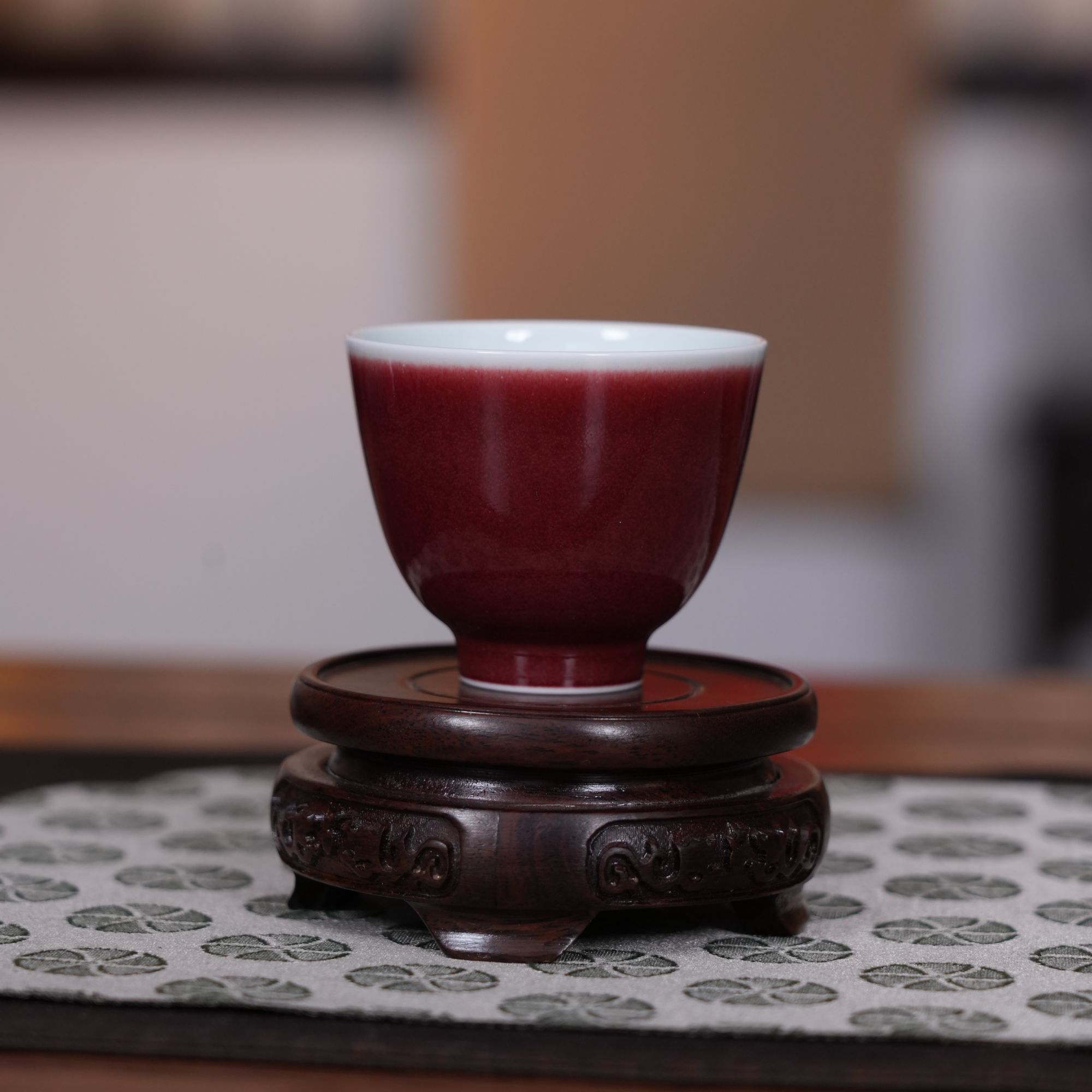 瑞和【柴气】原矿单色釉祭红主人杯 气窑