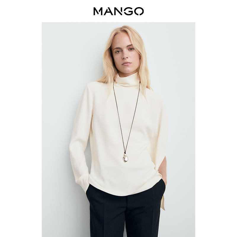 MANGO女装衬衫2025秋装新款高领不对称袖开叉袖口时髦套头衬衫