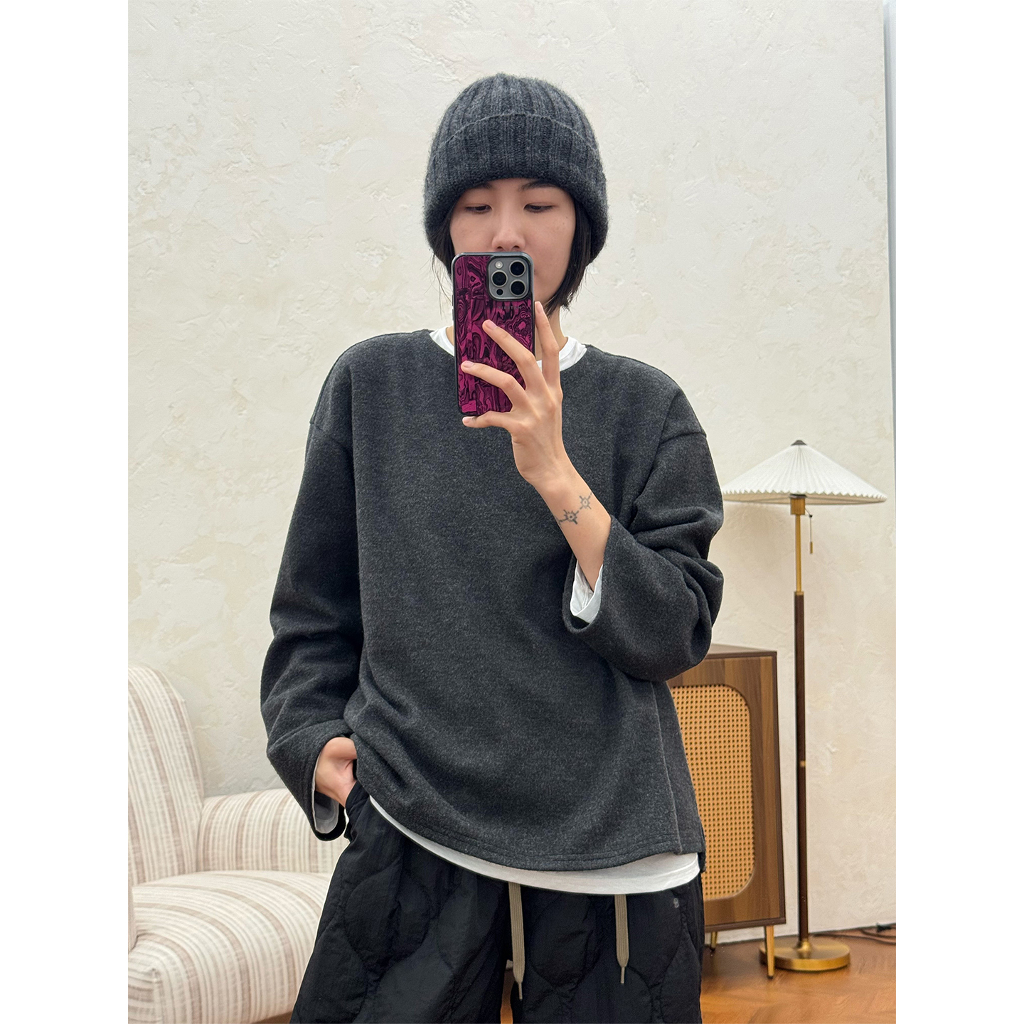 LANGQING 简约百搭圆领长袖休闲卫衣上衣46695#