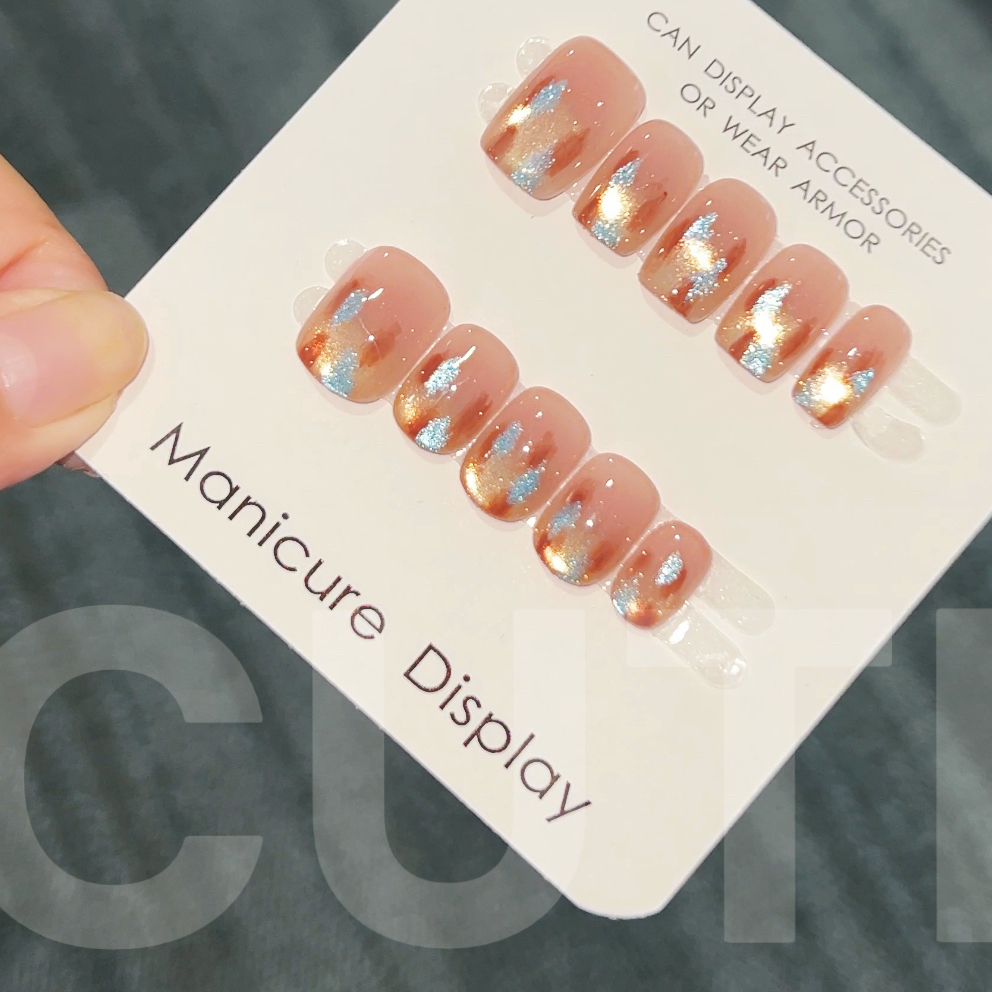 【焦糖鎏星】秋冬蓝点豹纹晕染猫眼气质显白中长款手工穿戴甲