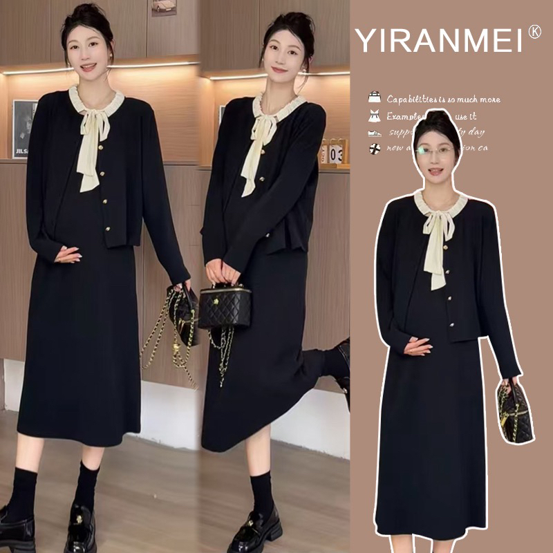 小香风孕妇装秋装气质显瘦吊带连衣裙搭配上衣两件套